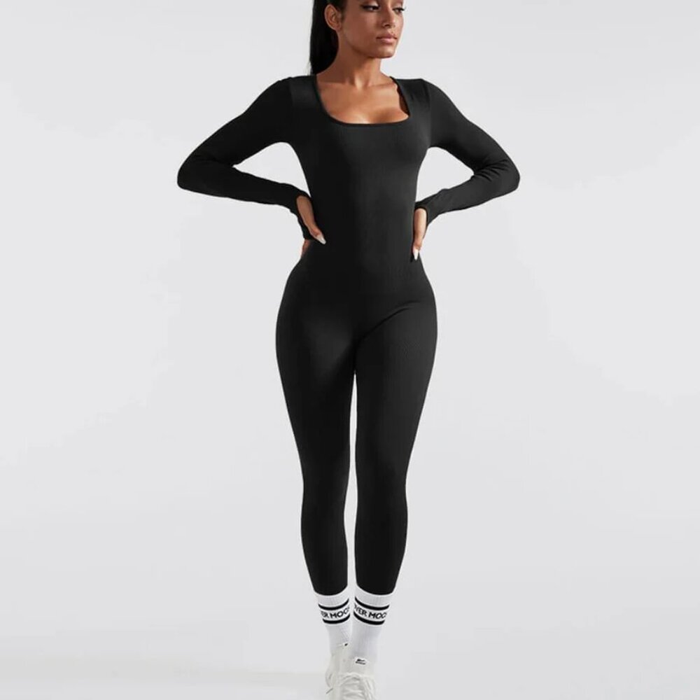 Mooslover Black Ribbed Long Sleeves Seamless Jumpsuit | Plus Size 2X
